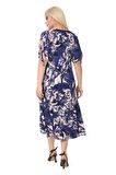 Melsay Butik Mavi Batık Desen Bağlamalı Kısa Kollu Kadın Midi Elbise