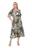 Melsay Butik Yeşil Batık Desen Bağlamalı Kısa Kollu Kadın Midi Elbise