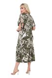 Melsay Butik Yeşil Batık Desen Bağlamalı Kısa Kollu Kadın Midi Elbise
