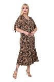 Melsay Butik Büyük Leopar Bağlamalı Kısa Kollu Kadın Midi Elbise
