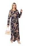 Melsay Butik Lacivert Yaprak Desen Kollu Kadın Uzun Tesettür Elbise