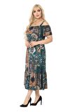 Melsay Butik Petrol Yeşili Askılı Madonna Yaka Midi Elbise