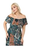 Melsay Butik Petrol Yeşili Askılı Madonna Yaka Midi Elbise