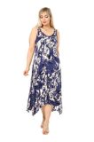 Melsay Butik Mavi Batik Desen Askılı V Yaka Uzun Elbise