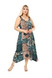 Melsay Butik Yeşil Etnik Desen Askılı V Yaka Uzun Elbise