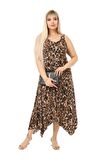 Melsay Butik Büyük Leopar Desen Askılı V Yaka Uzun Elbise