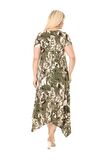 Melsay Butik Yeşil Batik Desen Asimetrik Kısa Kollu Uzun Elbise
