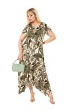 Melsay Butik Yeşil Batik Desen Asimetrik Kısa Kollu Uzun Elbise