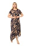 Melsay Butik Lacivert Palmiye Desen Asimetrik Kısa Kollu Uzun Elbise