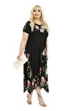 Melsay Butik Pembe Çiçekli Asimetrik Siyah Kısa Kollu Uzun Elbise