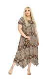 Melsay Butik Küçük Leopar Desen Asimetrik Kısa Kollu Uzun Elbise
