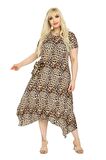 Melsay Butik Küçük Leopar Desen Asimetrik Kısa Kollu Uzun Elbise
