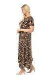 Melsay Butik Büyük Leopar Desen Asimetrik Kısa Kollu Uzun Elbise
