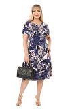 Melsay Butik Mavi Batik Desen Kısa Kollu Büyük Beden Midi Elbise