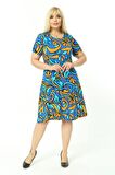 Melsay Butik Turkuaz Desen Kısa Kollu Büyük Beden Midi Elbise