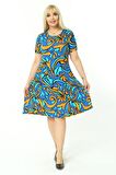 Melsay Butik Turkuaz Desen Kısa Kollu Büyük Beden Midi Elbise
