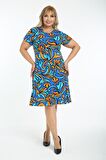 Melsay Butik Turkuaz Desen Kısa Kollu Büyük Beden Midi Elbise