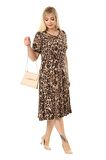 Melsay Butik Büyük Leopar Desenli Kısa Kollu Büyük Beden Midi Elbise