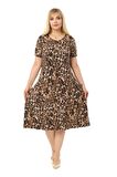 Melsay Butik Büyük Leopar Desenli Kısa Kollu Büyük Beden Midi Elbise