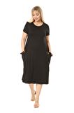 Melsay Butik Püsküllü Cepli Kısa Kollu Siyah Midi Elbise