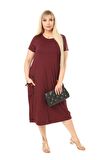 Melsay Butik Püsküllü Cepli Kısa Kollu Bordo Midi Elbise