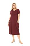 Melsay Butik Püsküllü Cepli Kısa Kollu Bordo Midi Elbise