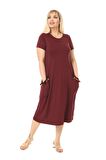 Melsay Butik Püsküllü Cepli Kısa Kollu Bordo Midi Elbise