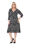 Melsay Butik Zigzag Desen Kruvaze Yaka Truvakar Kollu Midi Elbise