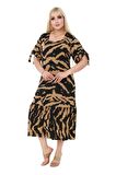 Melsay Butik Vizon Zebra Desen Bağlamalı Kısa Kollu Kadın Midi Elbise