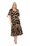 Melsay Butik Vizon Zebra Desen Bağlamalı Kısa Kollu Kadın Midi Elbise