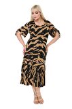 Melsay Butik Vizon Zebra Desen Bağlamalı Kısa Kollu Kadın Midi Elbise