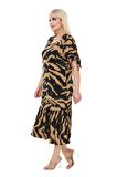 Melsay Butik Vizon Zebra Desen Bağlamalı Kısa Kollu Kadın Midi Elbise