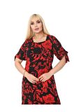 Melsay Butik Kırmızı Palmiye Desen Bağlamalı Kısa Kollu Kadın Midi Elbise