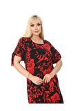 Melsay Butik Kırmızı Palmiye Desen Bağlamalı Kısa Kollu Kadın Midi Elbise