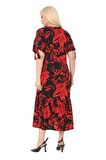 Melsay Butik Kırmızı Palmiye Desen Bağlamalı Kısa Kollu Kadın Midi Elbise