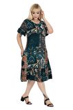 Melsay Butik Petrol Etnik Desen Fırfırlı Kısa Kollu Kadın Midi Elbise