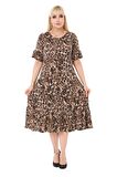 Melsay Butik Leopar Desen Fırfırlı Kısa Kollu Kadın Midi Elbise