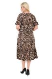 Melsay Butik Leopar Desen Fırfırlı Kısa Kollu Kadın Midi Elbise
