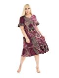Melsay Butik Bordo Etnik Desen Fırfırlı Kısa Kollu Kadın Midi Elbise