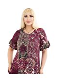 Melsay Butik Bordo Etnik Desen Fırfırlı Kısa Kollu Kadın Midi Elbise