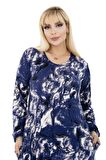 Melsay Butik Mavi Batik Desen Fırfırlı Uzun Kollu Kadın Midi Elbise