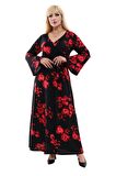 Melsay Butik Krep Kruvaze Yaka Siyah Gelincik Desen Kadın Uzun Elbise