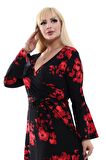 Melsay Butik Krep Kruvaze Yaka Siyah Gelincik Desen Kadın Uzun Elbise