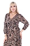Melsay Butik Kruvaze Yaka Leopar Desen Anvelop Midi Elbise