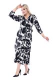 Melsay Butik Siyah Beyaz Kruvaze Yaka Fırça Desen Anvelop Midi Elbise