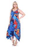 Melsay Butik Sax Balık Desen Askılı V Yaka Büyük Beden Elbise