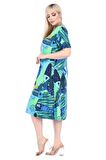 Melsay Butik Yeşil Balık Desen Kısa Kollu Büyük Beden Midi Elbise