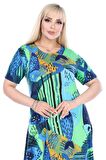 Melsay Butik Yeşil Balık Desen Kısa Kollu Büyük Beden Midi Elbise