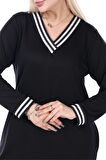 Melsay Butik Siyah Yakası Şeritli V Yaka Sweat Büyük Beden Elbise