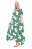 Melsay Butik Yeşil Beyaz Yaprak Desen Asimetrik Kısa Kollu Elbise